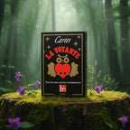 Boîte noire et rouge du jeu Cartes La Voyante éditions Héron posée sur une souche, ornée d'une chouette stylisée et d'un cœur rouge.