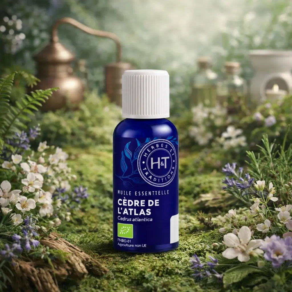 Flacon en verre bleu Herbes et Traditions - Huile Essentielle - Cèdre de l'Atlas entouré de petites fleurs blanches sur un lit de mousse verdoyante.