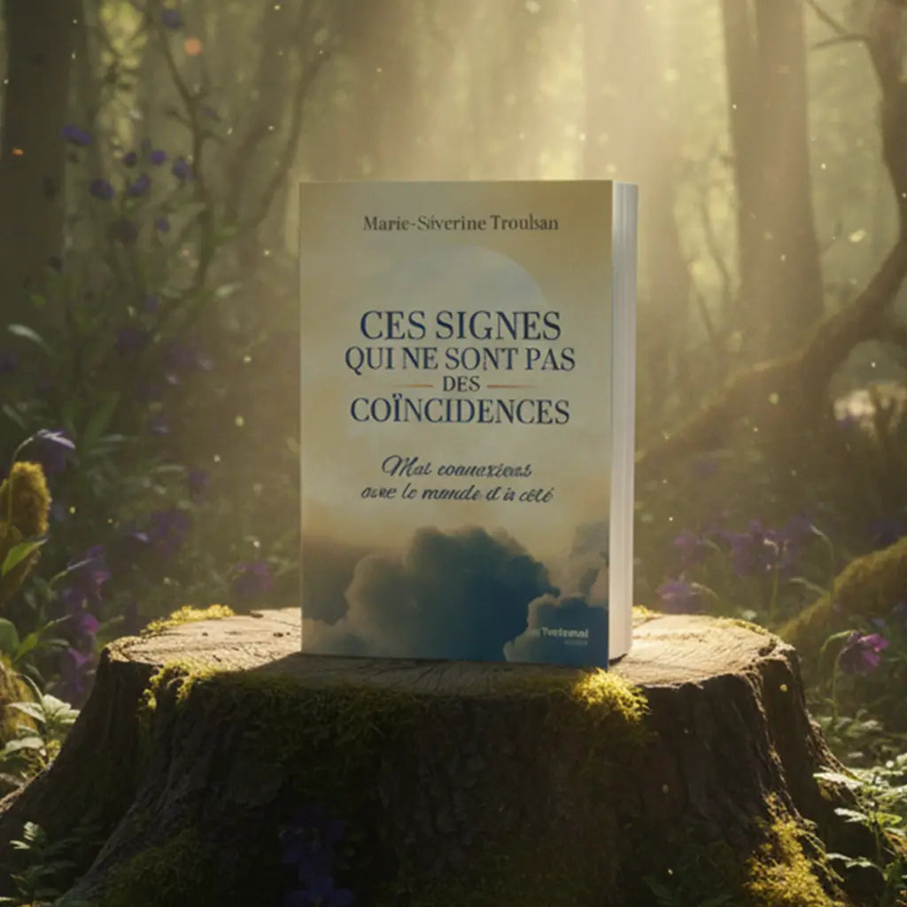 Livre Ces Signes qui ne sont pas des Coïncidences de Marie-Séverine Trouban posé sur une souche d'arbre en forêt, baigné d'une lumière divine et entouré de fleurs violettes.