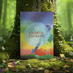 Livre Chakrathérapie - Héloïse Amilcar posé au pied d'un arbre en forêt, couverture illustrée d'une silhouette en méditation avec les 7 chakras colorés.