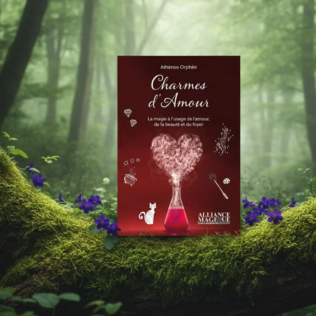 Livre rouge Charmes d'Amour d'Athénos Orphée posé sur une souche moussue, illustré d'une fiole alchimique d'où s'échappe un cœur de fumée rose.