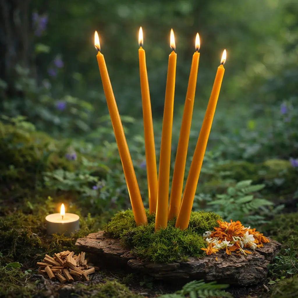 Cinq longs cierges en cire d'abeille dorée allumés, dressés sur un socle de mousse et d'écorce dans une forêt mystique, entourés de fleurs séchées et de bois sacré.