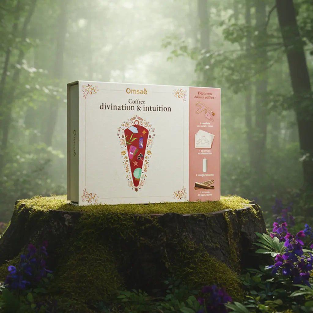Coffret blanc Omsaé "Divination et Intuition" présenté sur une souche de bois moussue en pleine forêt, entouré de fleurs violettes et d'une lumière naturelle mystique.