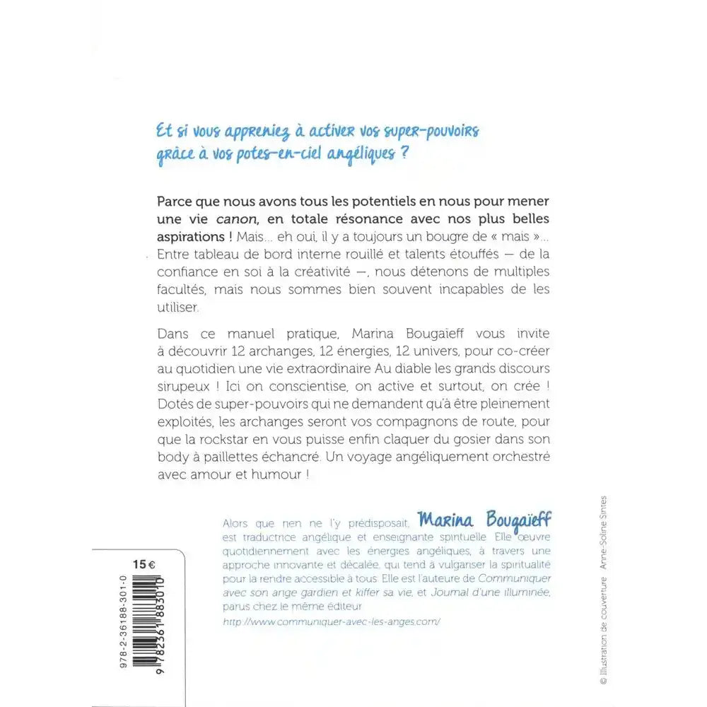 Quatrième de couverture : résumé du livre sur fond blanc avec biographie de Marina Bougaïeff, prix 15€ et code-barres.