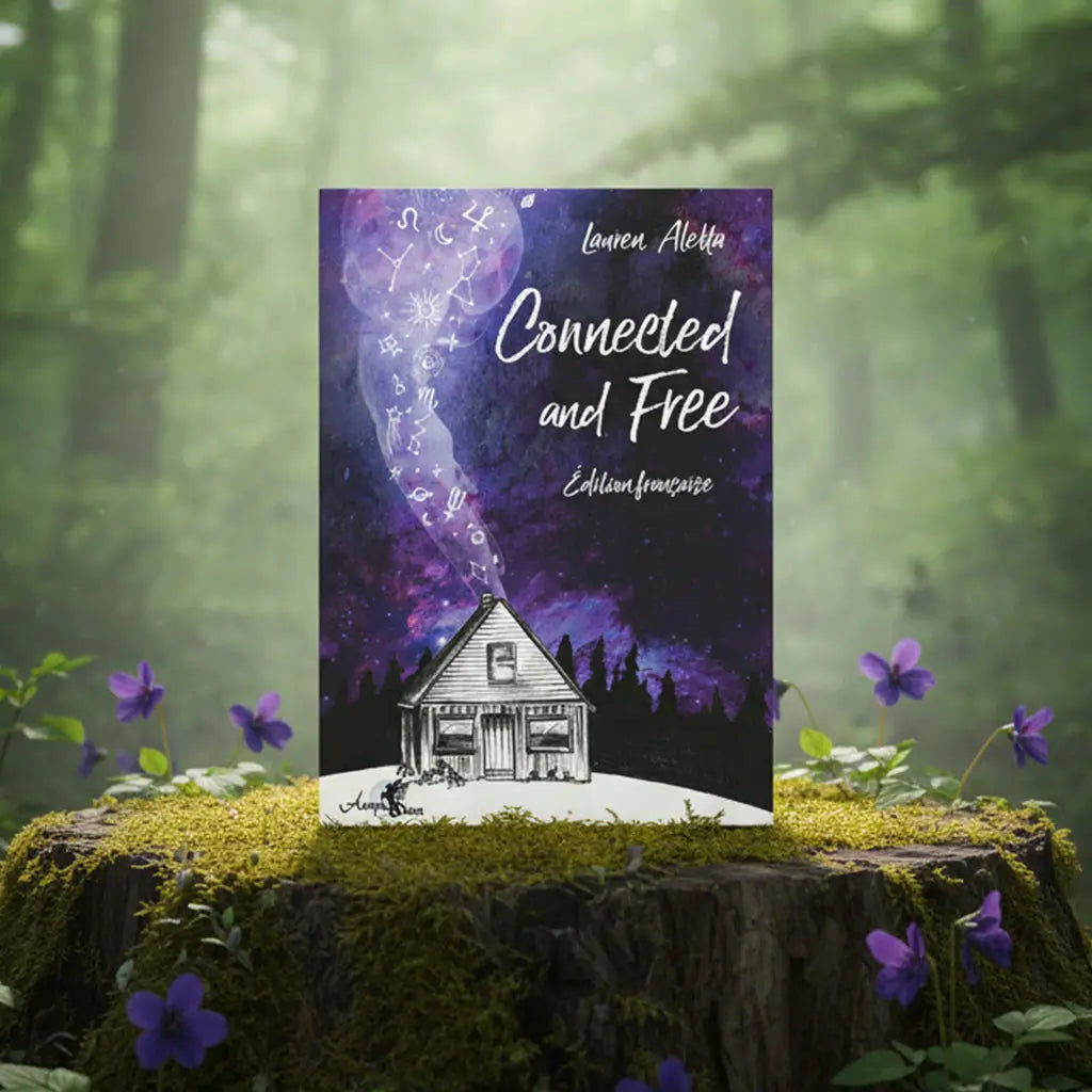Coffret violet Connected and Free de Lauren Aletta posé sur une souche, illustré d'une petite maison d'où s'échappe une fumée cosmique remplie de symboles astrologiques.