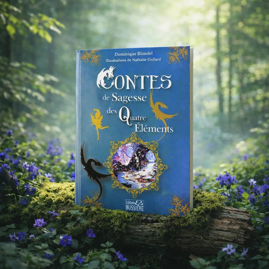 Livre bleu Contes de Sagesse des Quatre Éléments de Dominique Blondel posé sur une souche moussue, illustré de silhouettes dorées de dragons et d'une fée.