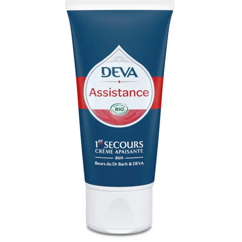 Tube de crème apaisante bio « DEVA Assistance – 1er Secours », aux fleurs de Bach, packaging bleu et rouge.