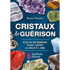 Livre Cristaux de guérison par Karen Frazier, guide de 200 remèdes pour l'esprit sur fond bleu avec minéraux.