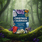 Livre bleu Cristaux de Guérison de Karen Frazier posé sur une souche moussue, illustré d'une variété de minéraux colorés comme l'améthyste, l'œil de tigre et le jaspe rouge.