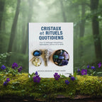 Livre blanc Cristaux et Rituels Quotidiens de Heather Askinosie et Timmi Jandro posé sur une souche moussue, illustré d'un bâton de sauge, d'une labradorite et d'un bol rempli de pierres.