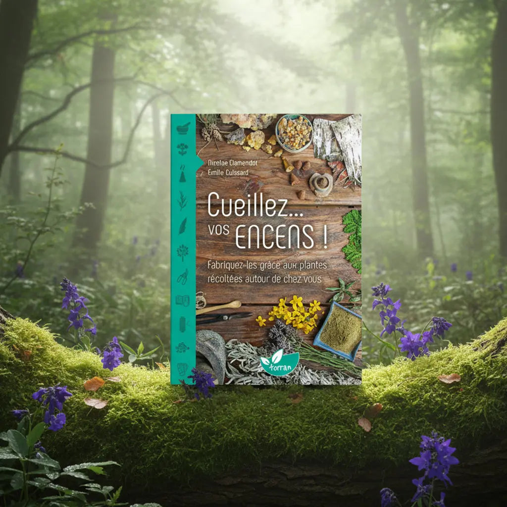 Livre Cueillez... Vos Encens ! de Nicolas Clémendot et Émilie Cuissard posé sur une souche moussue, illustré de résines, d'herbes sèches et d'outils de récolte sur une table en bois.