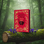 Livre rouge Cuisine Magique de Lisa Chamberlain posé sur une souche moussue, illustré d'un chaudron noir fumant entouré de motifs végétaux dorés.