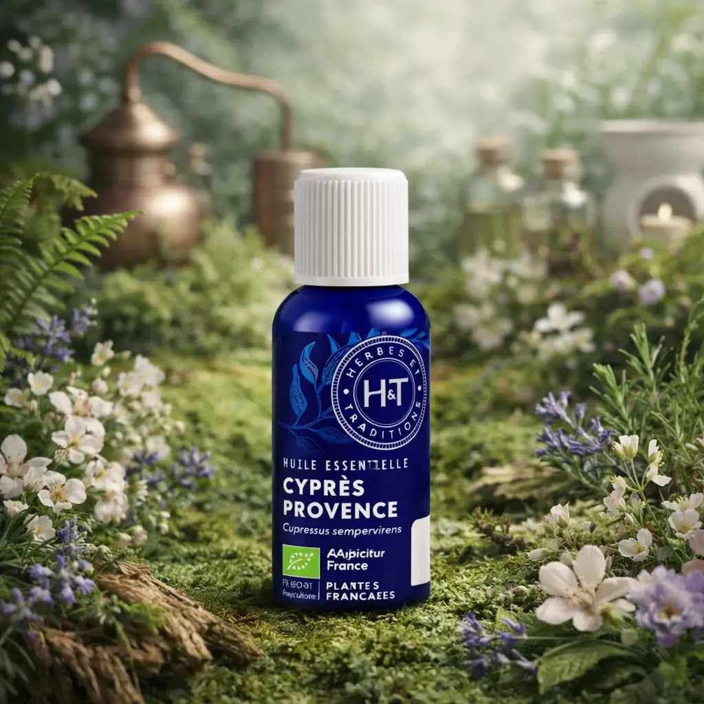 Flacon en verre bleu Herbes et Traditions - Huile Essentielle - Cyprès Bio entouré de petites fleurs blanches et violettes sur un lit de mousse.