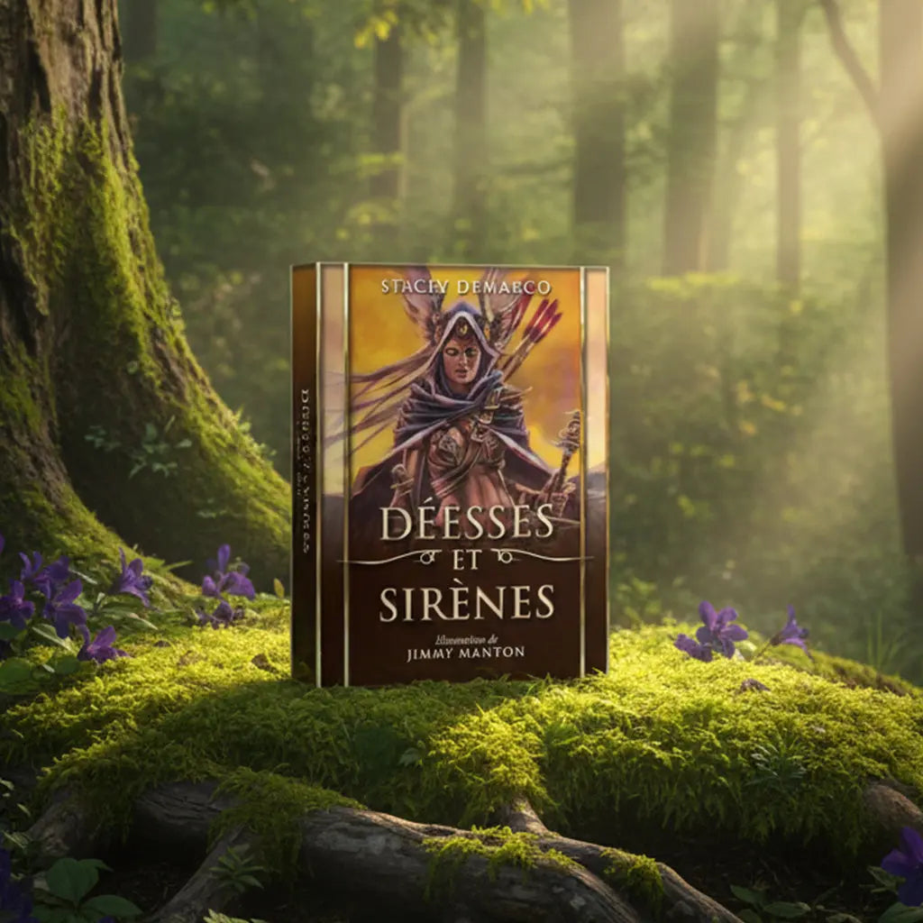 Coffret Déesses et Sirènes - Cartes Oracle de Stacey Demarco posé sur une racine moussue en forêt, illustré d'une guerrière ailée puissante.