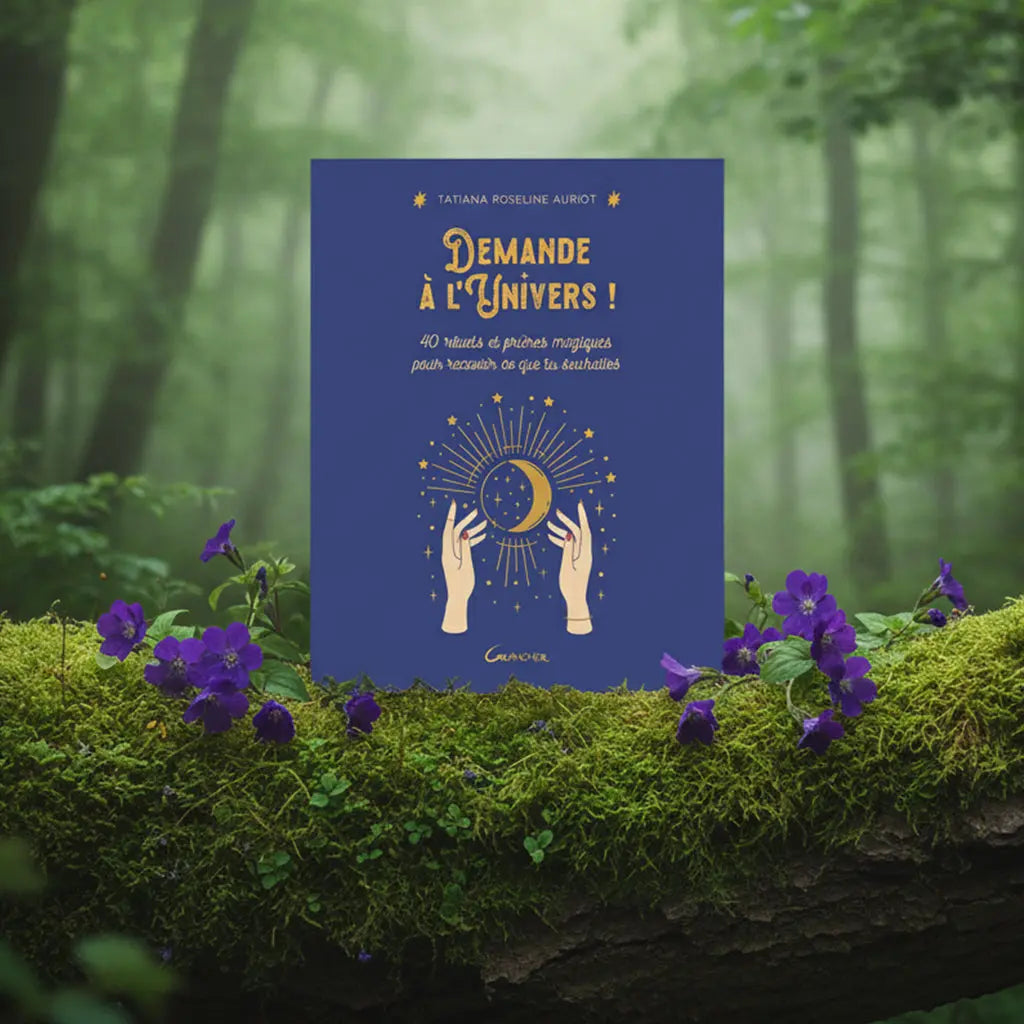 Livre bleu Demande à l'Univers ! de Tatiana Roseline Auriot posé sur une souche moussue, illustré de deux mains encadrant une lune et un soleil rayonnants.