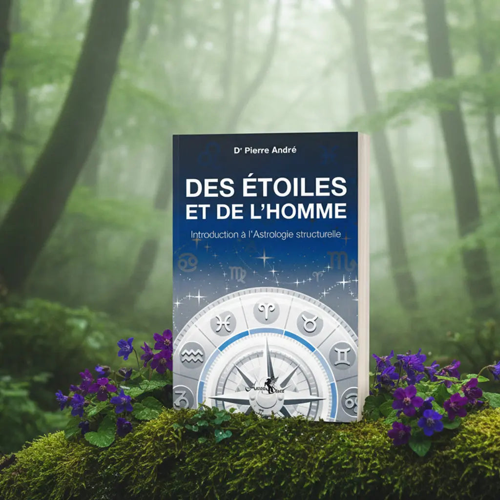 Livre bleu nuit Des Etoiles et de l'Homme du Dr Pierre André posé sur une souche moussue, illustré d'une boussole au centre d'une roue zodiacale sous un ciel étoilé.