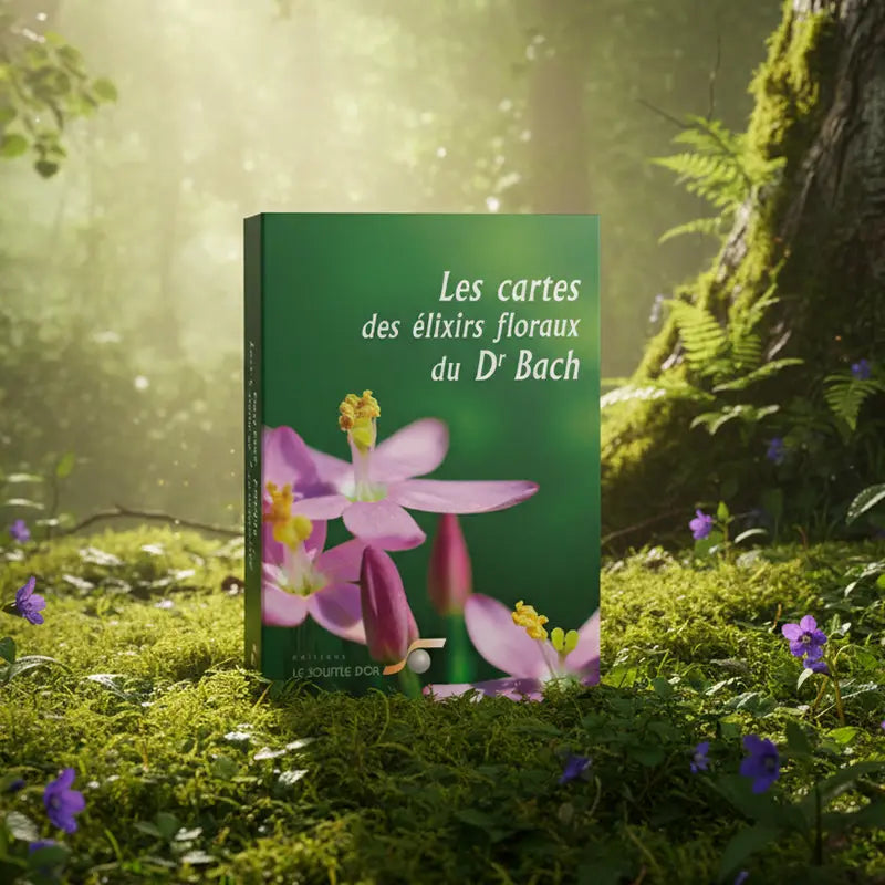 Coffret vert du jeu Cartes des Elixirs Floraux Du Dr. Bach posé sur un lit de mousse en forêt.