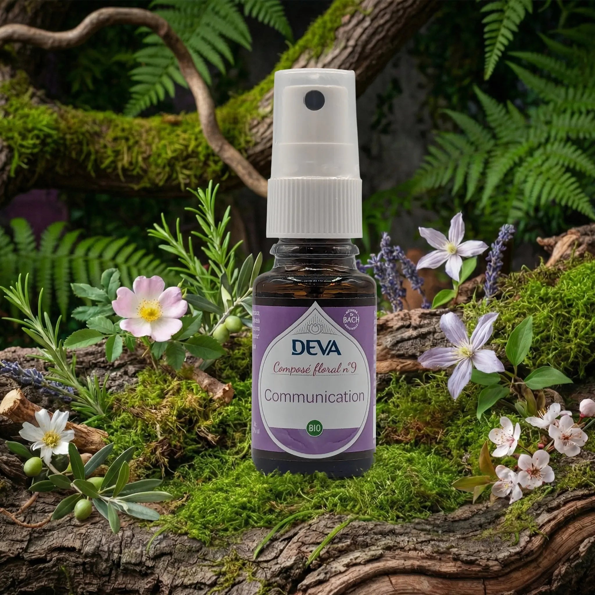 Flacon spray Deva - Composé Floral Dr Bach - Communication N.9 sur un lit de mousse et plantes sauvages.