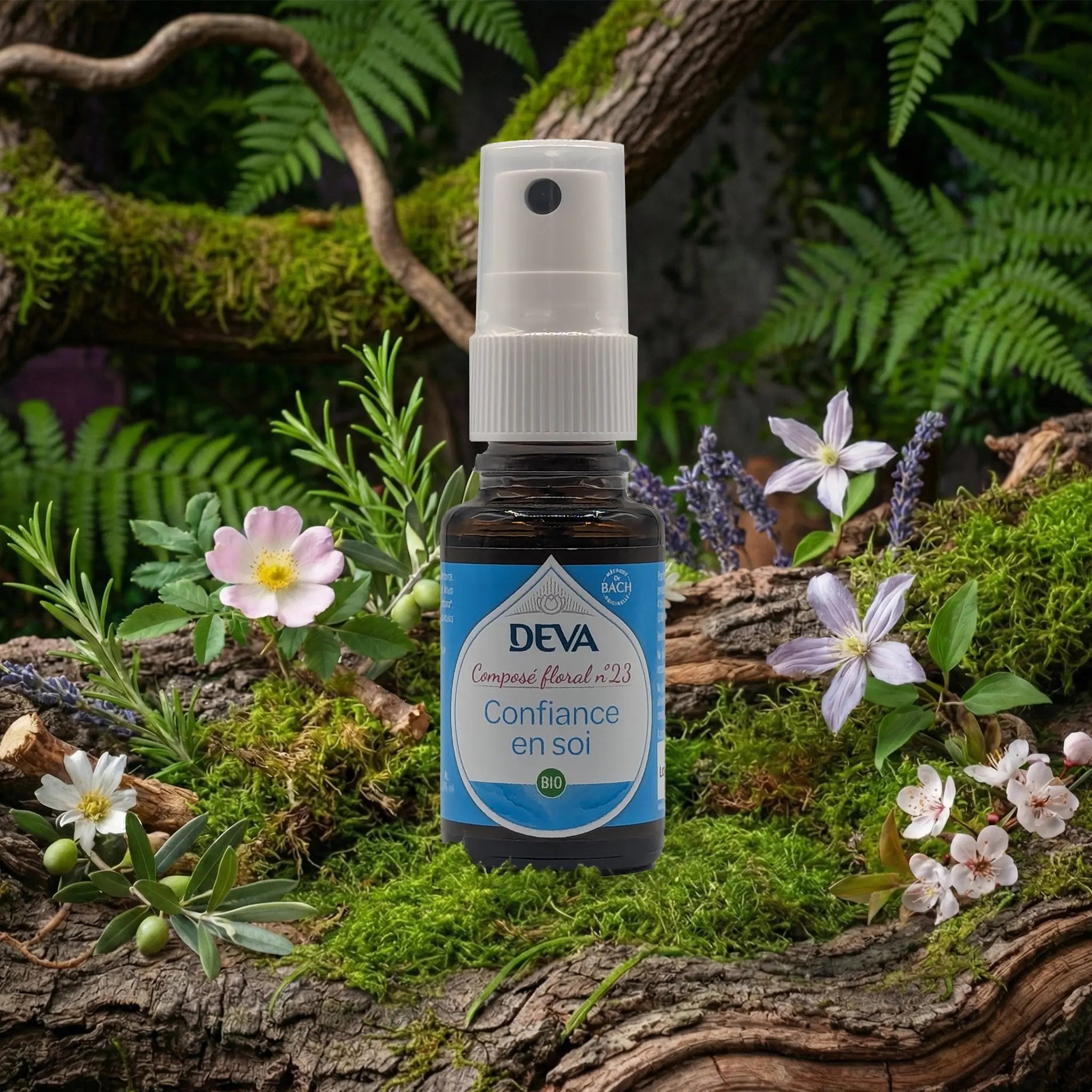 Flacon spray Deva - Composé Floral Dr Bach - Confiance en Soi N.23 sur un lit de mousse et plantes sauvages.