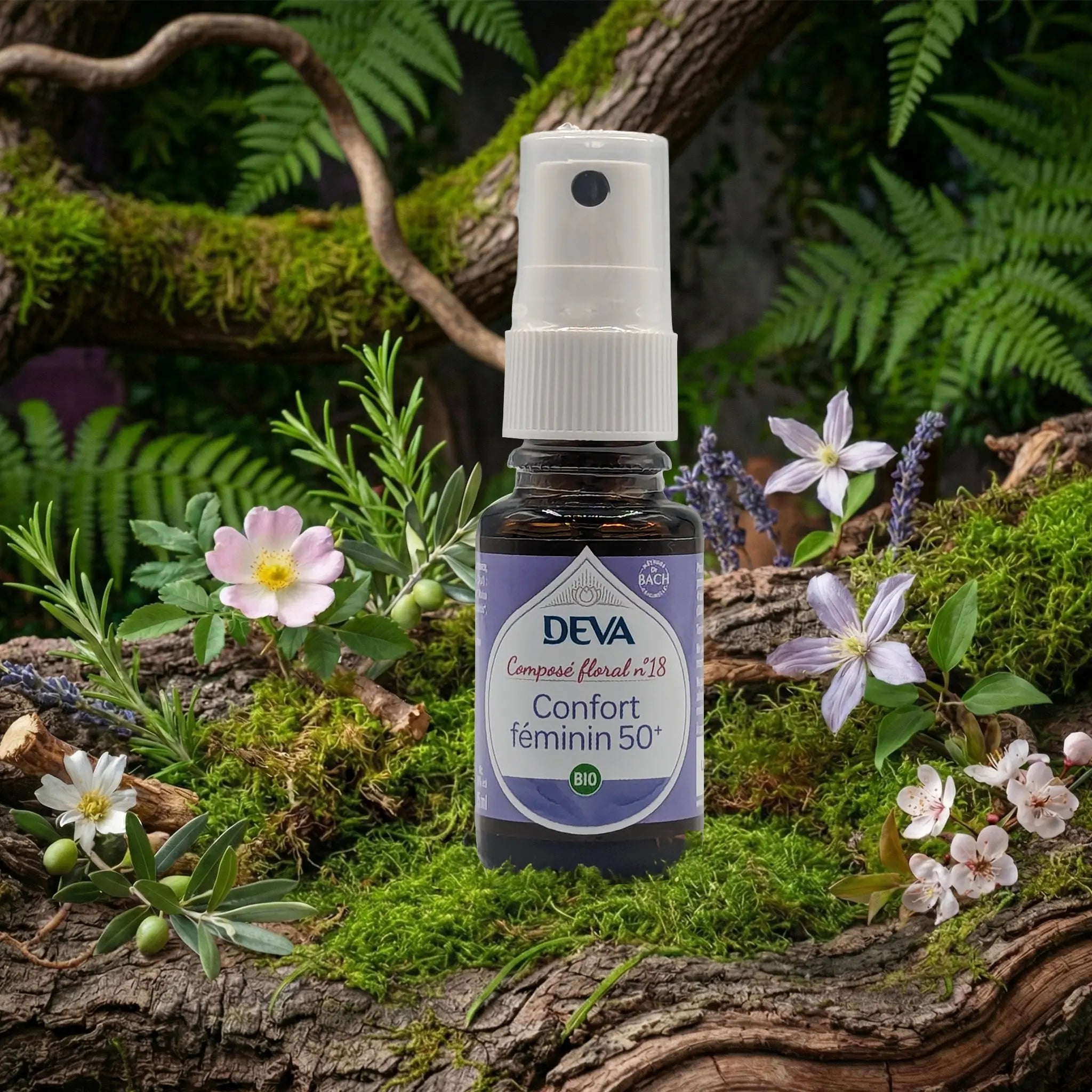 Flacon spray Deva - Composé Floral Dr Bach - Confort Féminin 50+ N.18 sur un lit de mousse et plantes sauvages.