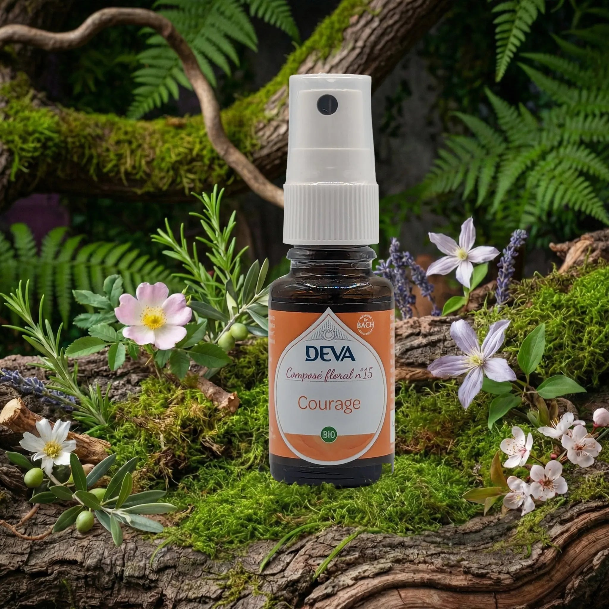 Flacon spray Deva - Composé Floral Dr Bach - Courage N.15 sur un lit de mousse et plantes sauvages.