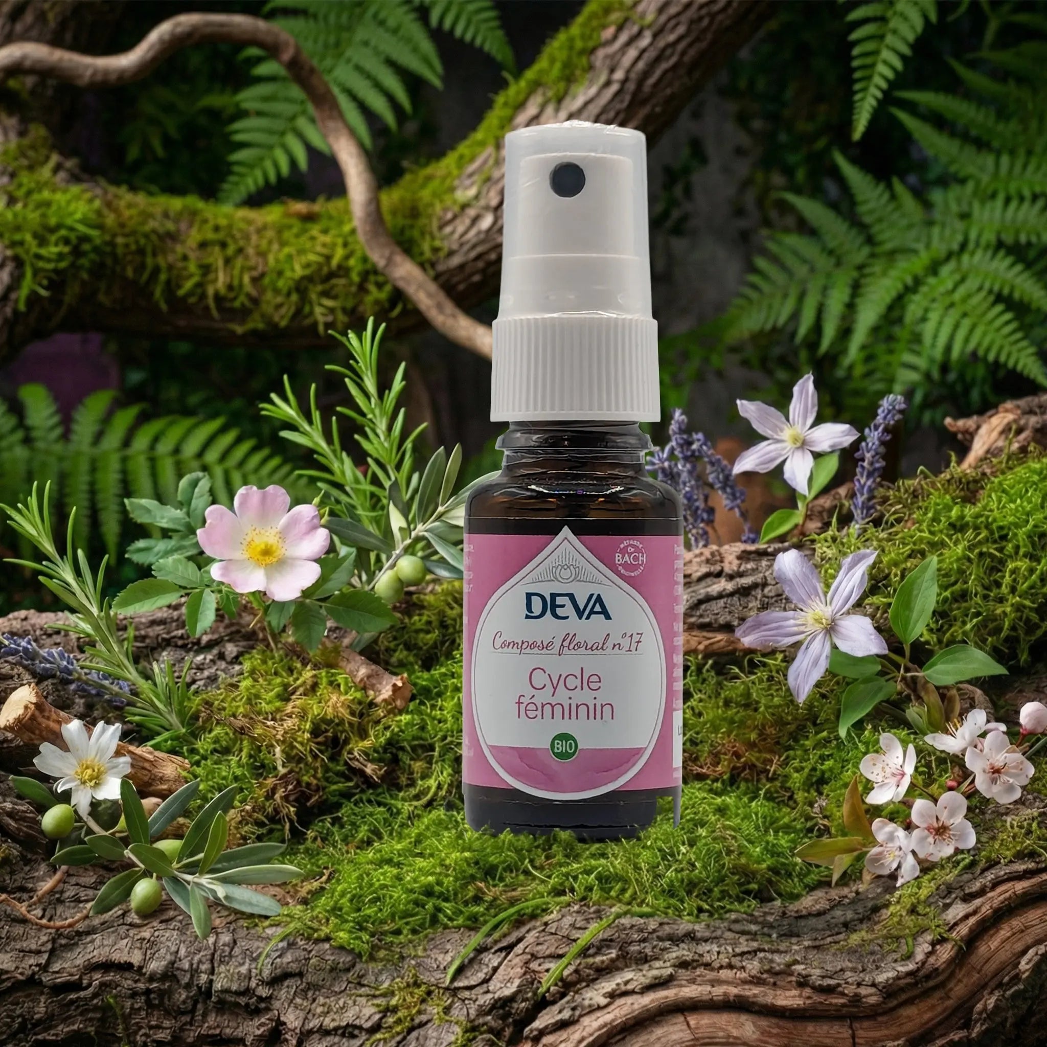 Flacon spray Deva - Composé Floral Dr Bach - Cycle Féminin N.17 sur un lit de mousse et plantes sauvages.