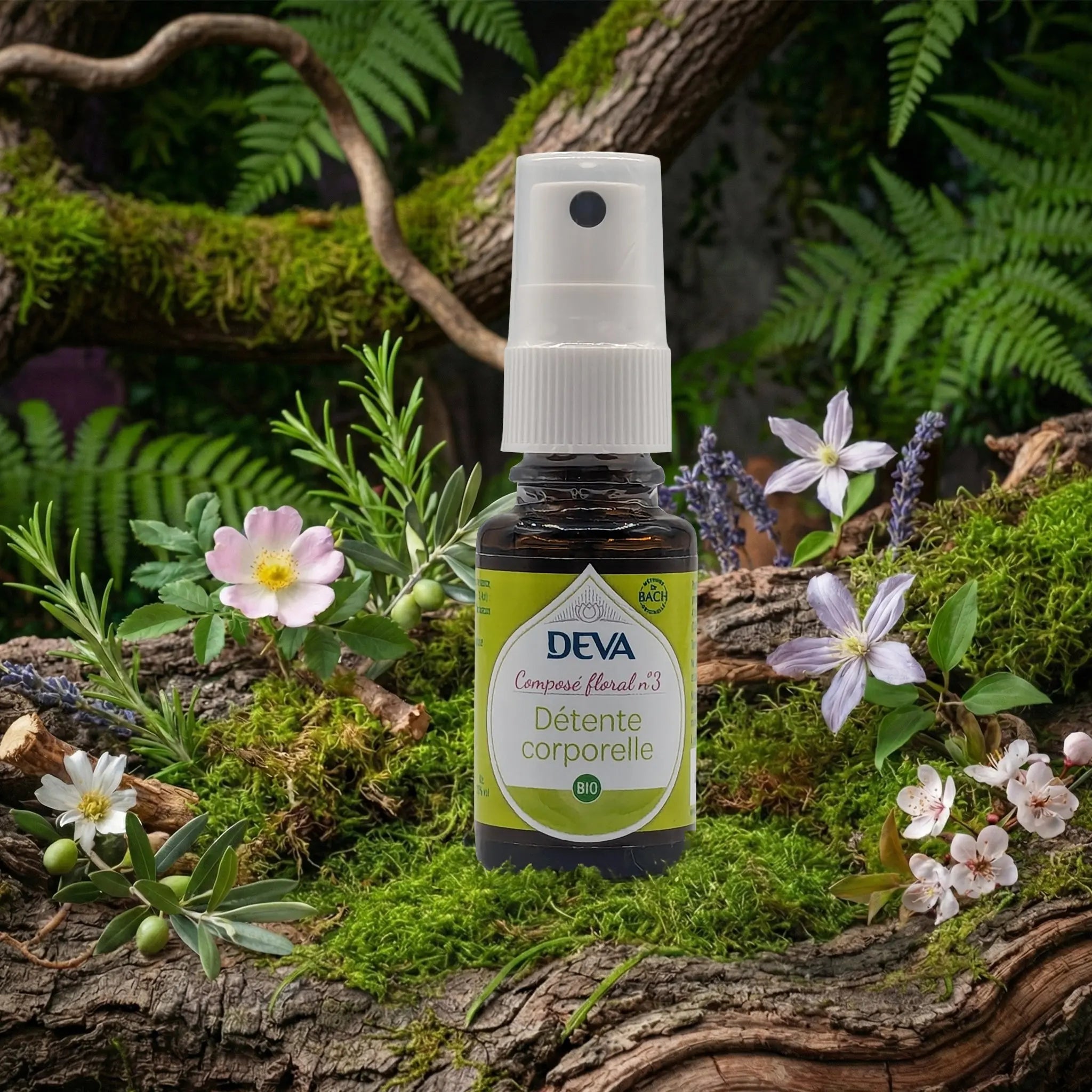 Spray buccal Deva Composé Floral Dr Bach - Détente Corporelle N.3 sur un lit de mousse naturelle et fleurs