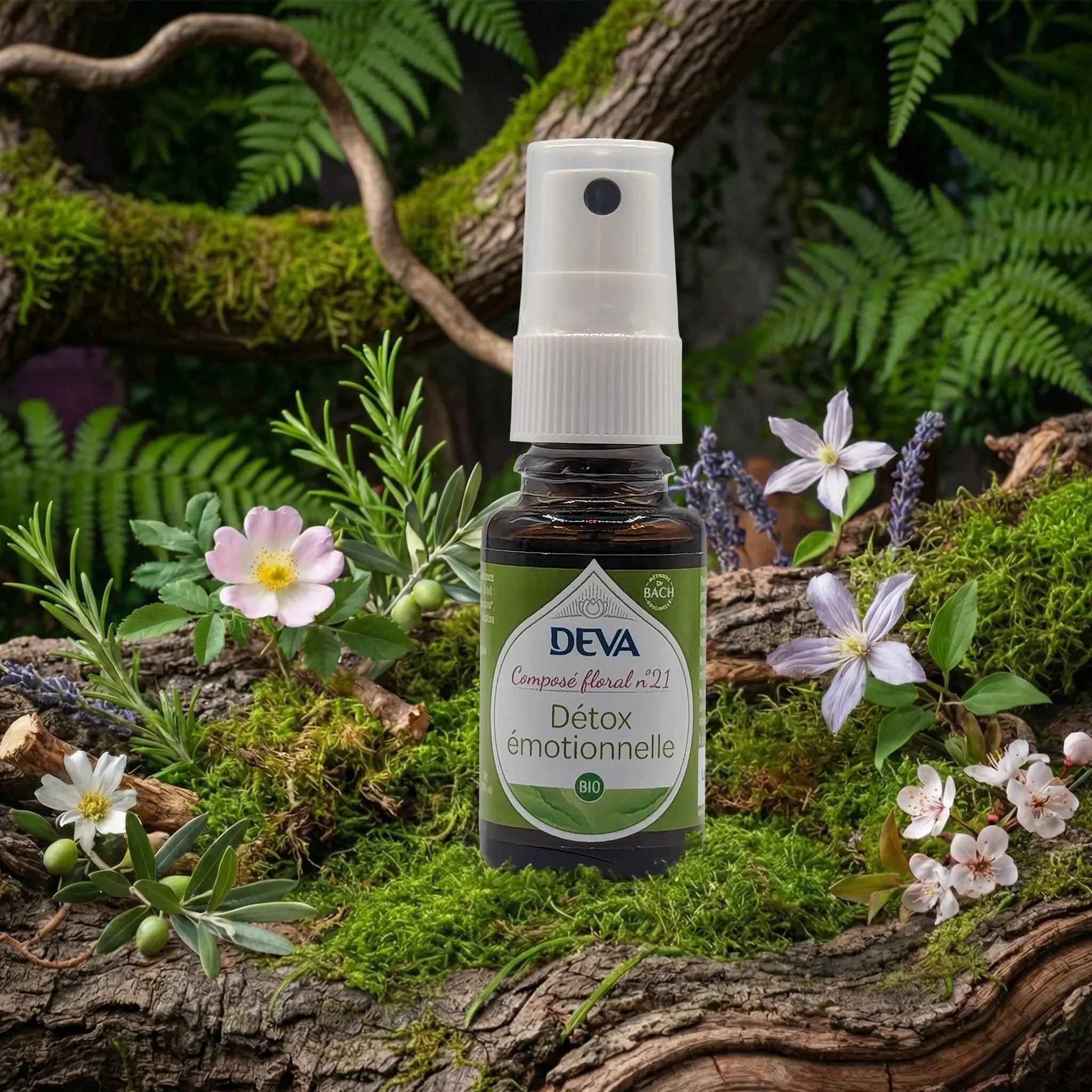 Flacon spray Deva - Composé Floral Dr Bach - Détox Emotionnelle N.21 sur un lit de mousse et plantes sauvages.