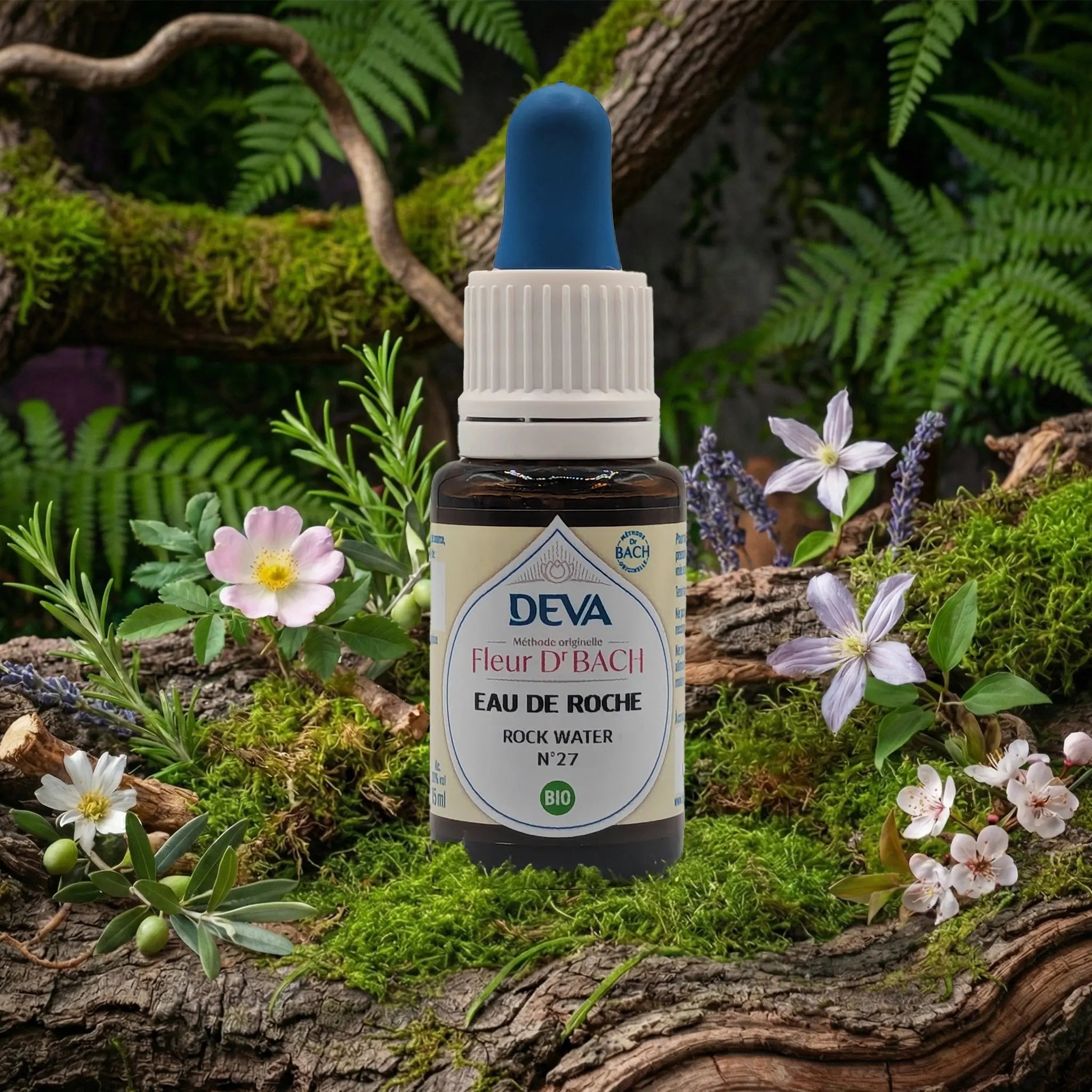 Flacon compte-gouttes Deva - Fleur du Dr Bach - Eau de Roche N.27 sur un lit de mousse et plantes sauvages