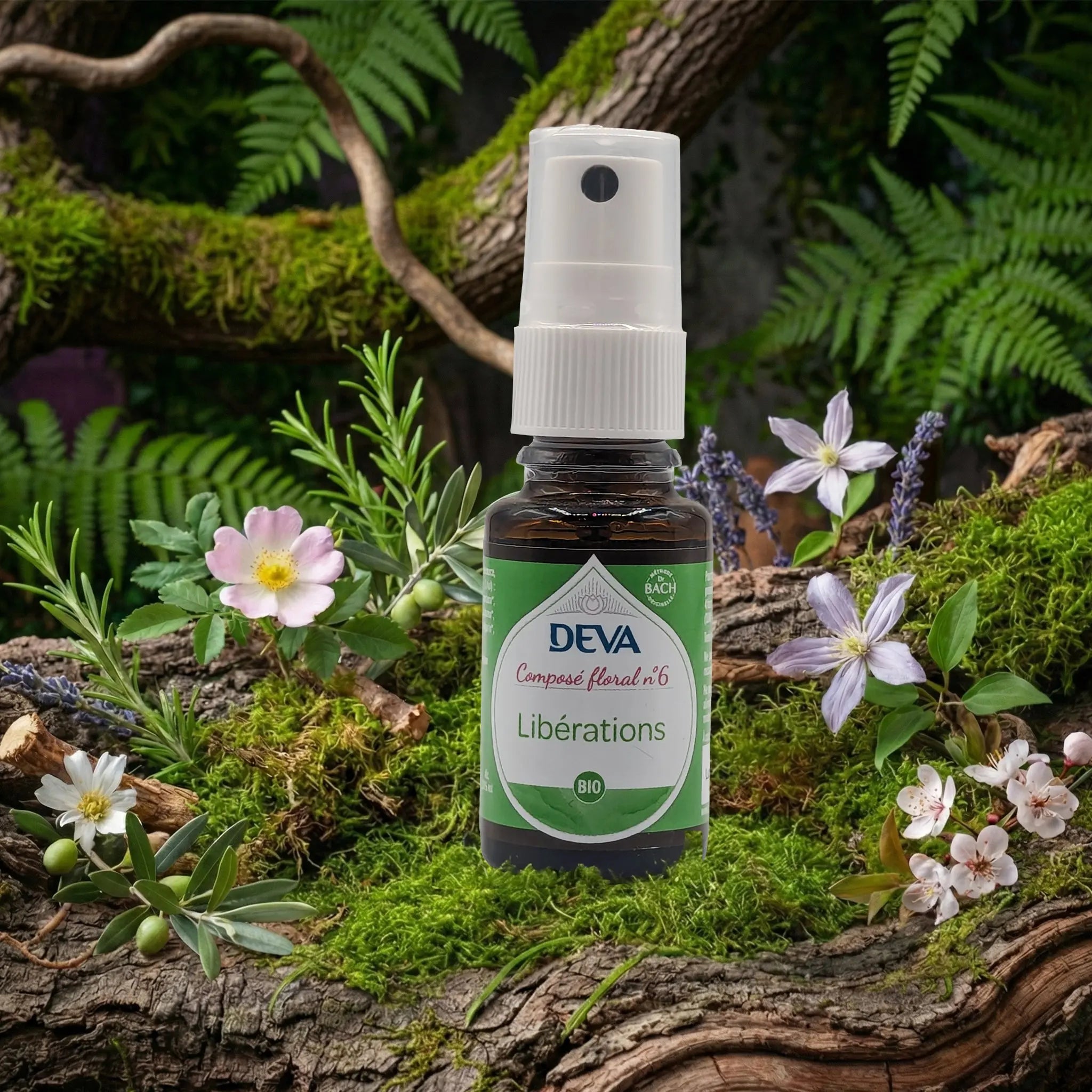 Spray buccal Deva Composé Floral Dr Bach - Libération N.6 dans un décor de nature sauvage et mousse