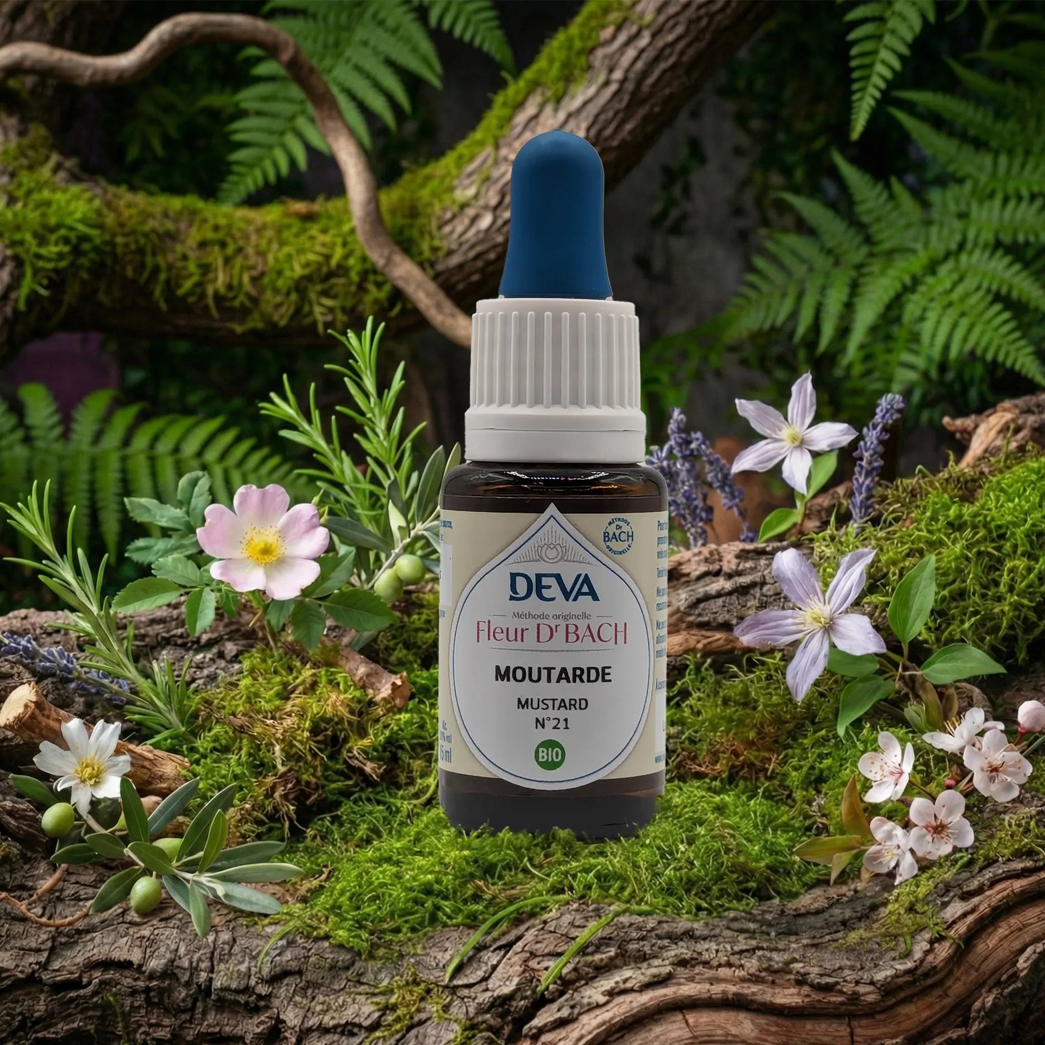 Flacon compte-gouttes Deva - Fleur du Dr Bach - Moutarde N.21 sur un lit de mousse et plantes sauvages