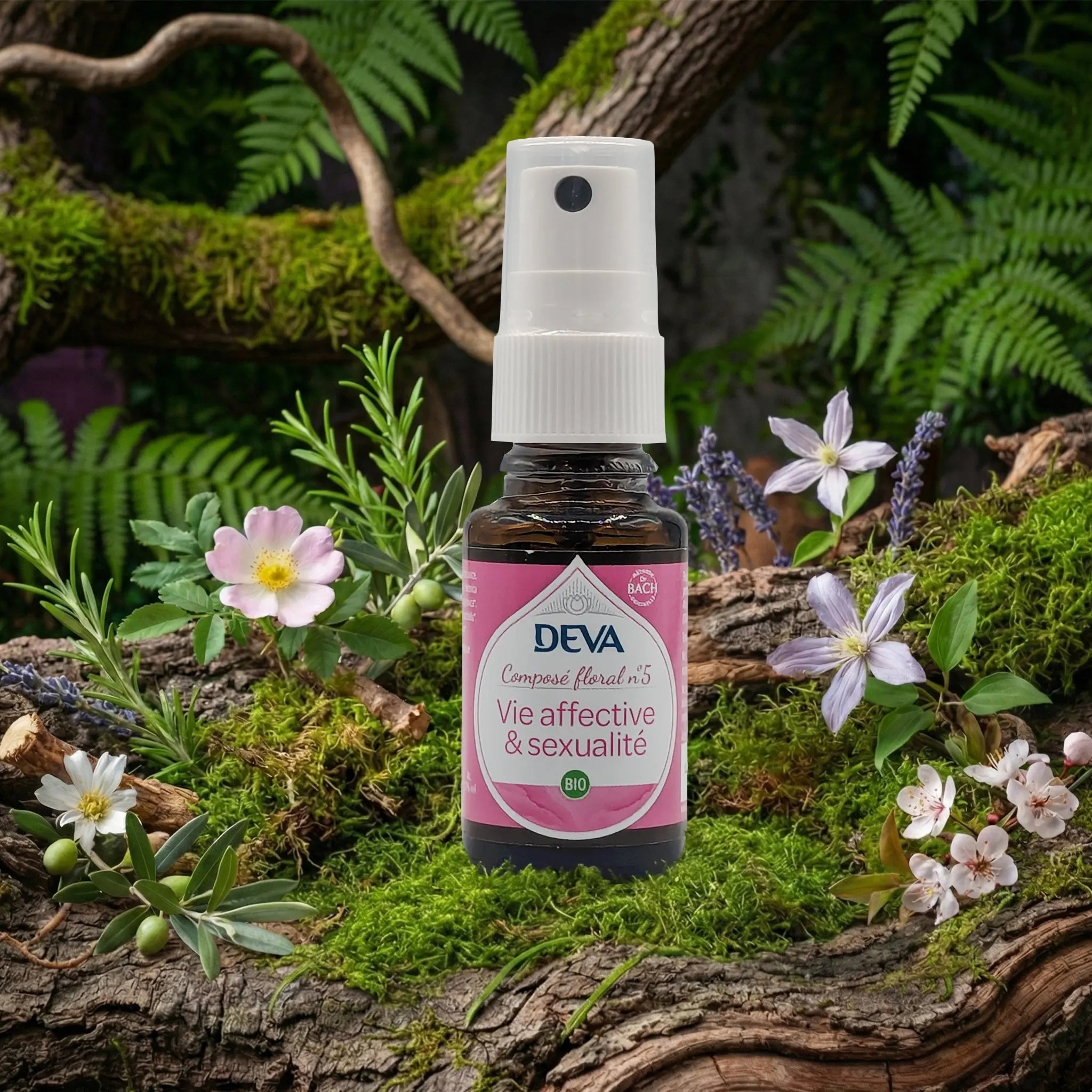 Spray buccal Deva Composé Floral Dr Bach - Vie Affective et Sexualité N.5 sur lit de mousse et fleurs sauvages