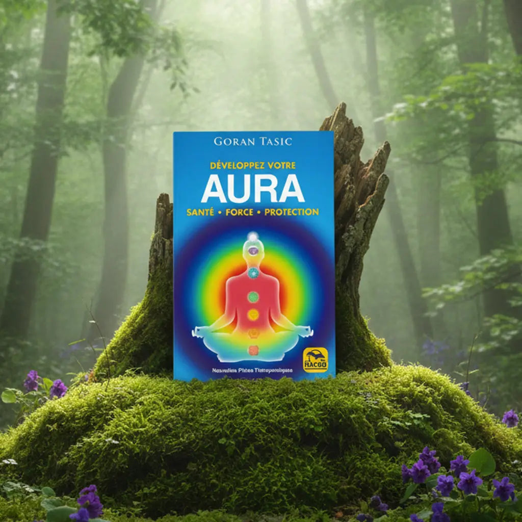 Livre bleu Développez votre Aura de Goran Tasic posé devant une souche d'arbre dans une forêt, illustré d'une silhouette humaine en méditation entourée d'une aura arc-en-ciel et des sept chakras.