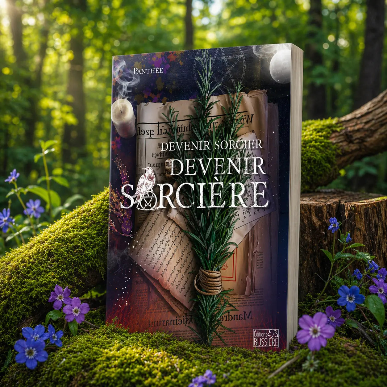 Livre Devenir Sorcier - Devenir Sorcière de Panthée posé sur une souche moussue, illustré d'un parchemin ancien, d'une bougie fumante et d'une branche de romarin.