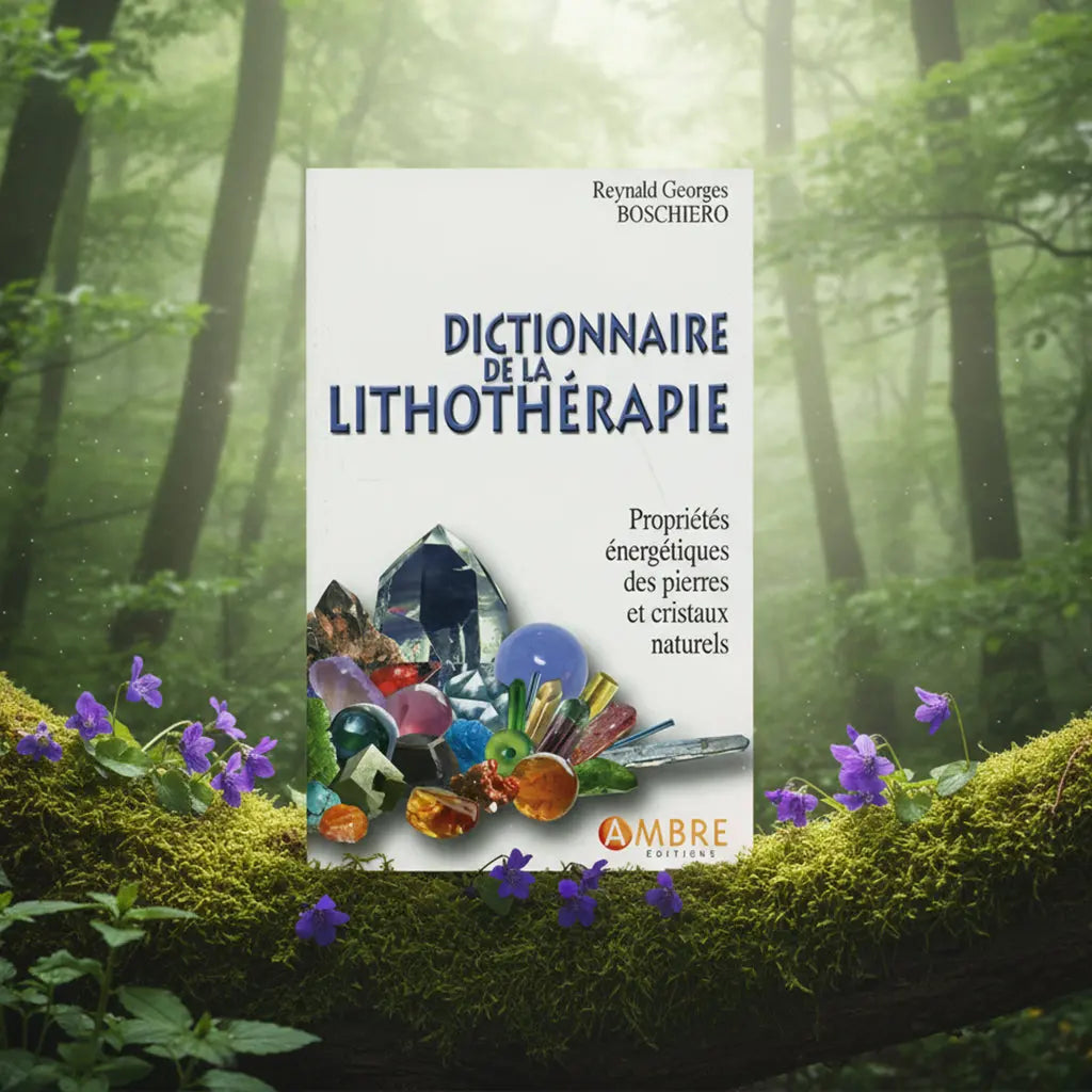 Livre blanc Dictionnaire de la Lithothérapie de Reynald Georges Boschiero posé sur une souche moussue, illustré d'un amas de cristaux bruts et de pierres polies multicolores.