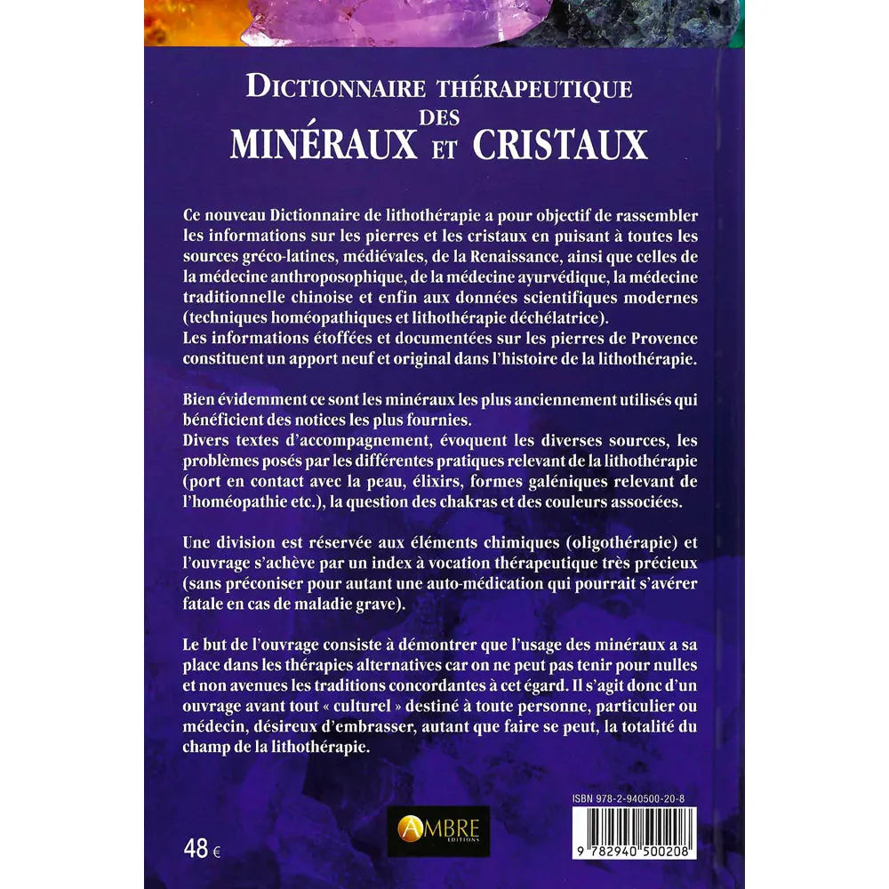 Quatrième de couverture du Dictionnaire thérapeutique des minéraux et cristaux présentant le résumé sur la lithothérapie.