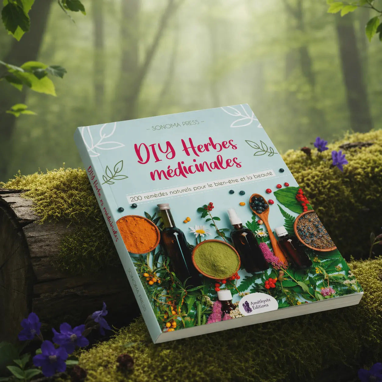 Livre "DIY Herbes Médicinales" de Céline Morange posé sur une souche moussue, illustré de fioles d'apothicaire, de poudres de plantes et de baies sauvages.