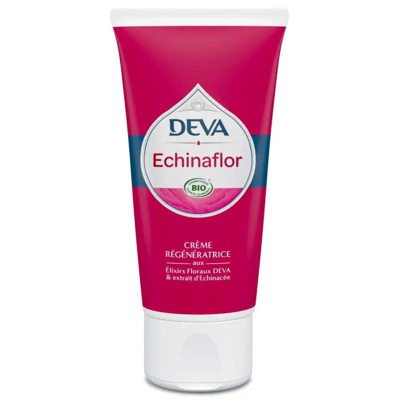 Tube de crème régénératrice bio « DEVA Echinaflor » (élixirs floraux et extrait d’échinacée), packaging rose.