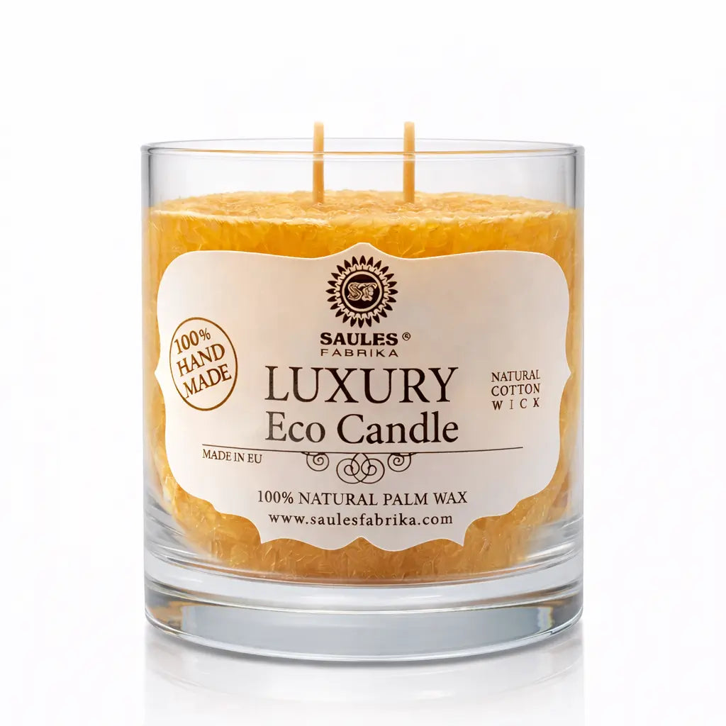 Une bougie parfumée artisanale orange « Luxury Eco Candle » de la marque Saules Fabrika, présentée dans un large pot en verre avec deux mèches en coton, sur un fond blanc.