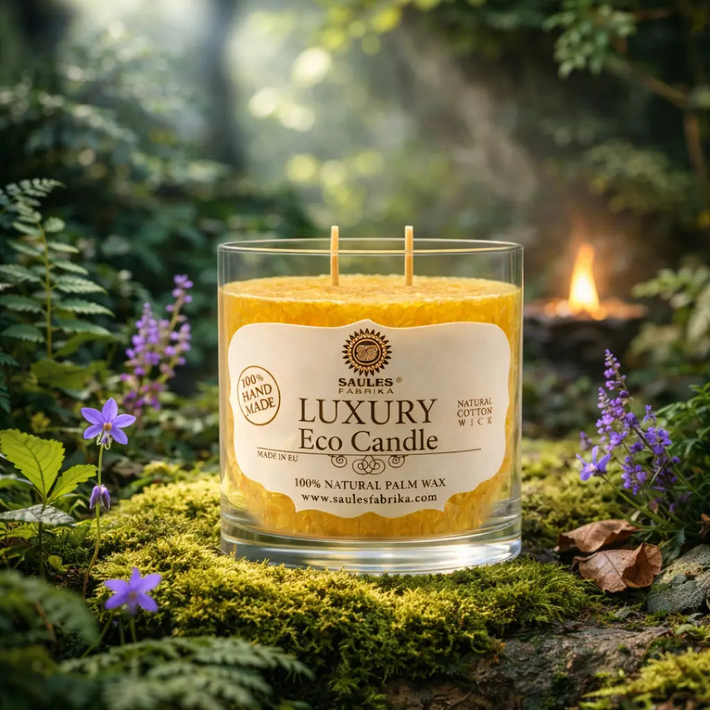 Bougie parfumée Eco Candle 30h - Or en verre transparent avec double mèche sur un tapis de mousse sauvage.