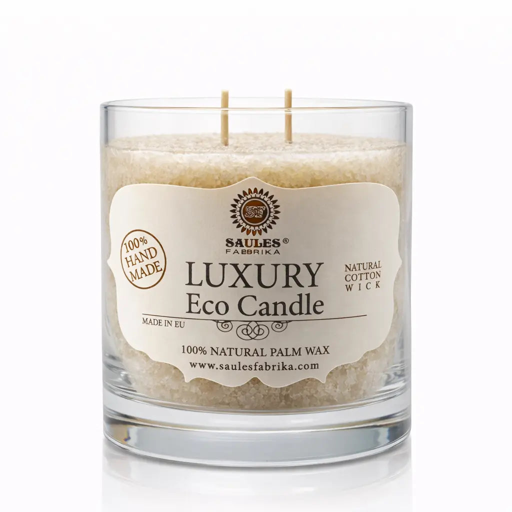Une bougie parfumée artisanale beige (gingembre) « Luxury Eco Candle » de la marque Saules Fabrika, présentée dans un large pot en verre avec deux mèches en coton, sur un fond blanc.