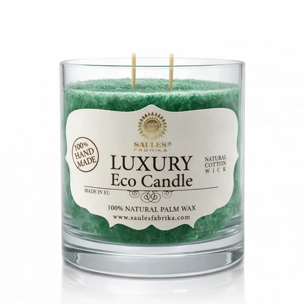 Une bougie parfumée artisanale verte « Luxury Eco Candle » de la marque Saules Fabrika, présentée dans un large pot en verre avec deux mèches en coton, sur un fond blanc.