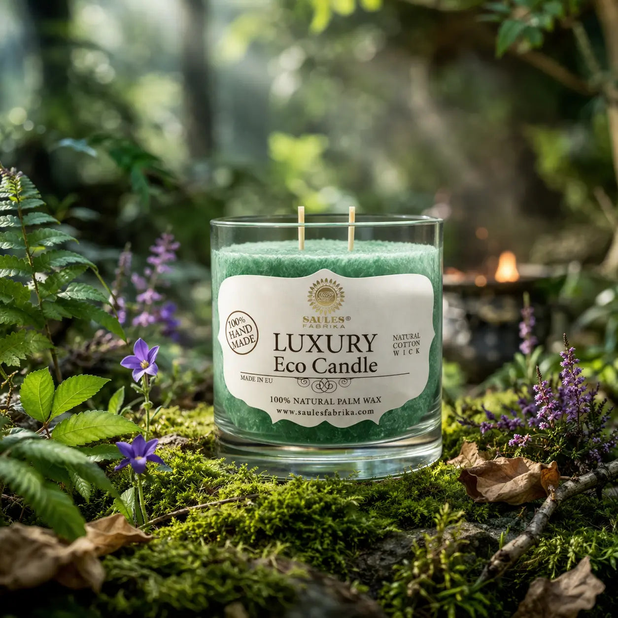 Bougie parfumée Eco Candle 30h - Jasmin Thé Vert dans son verre transparent, posée sur un tapis de mousse forestière.