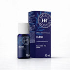 Un flacon de 10 ml d'huile essentielle d'élémi de la marque Herbes & Traditions, accompagné de son étui en carton bleu foncé assorti, présenté sur un fond blanc.