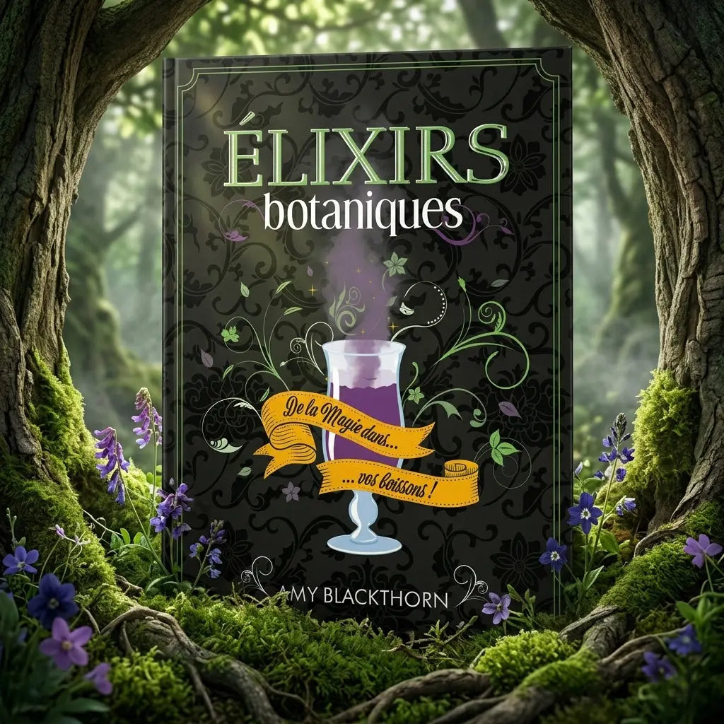 Livre noir Élixirs Botaniques d'Amy Blackthorn posé dans un cadre de racines et de fleurs, illustré d'un verre de potion violette fumante.
