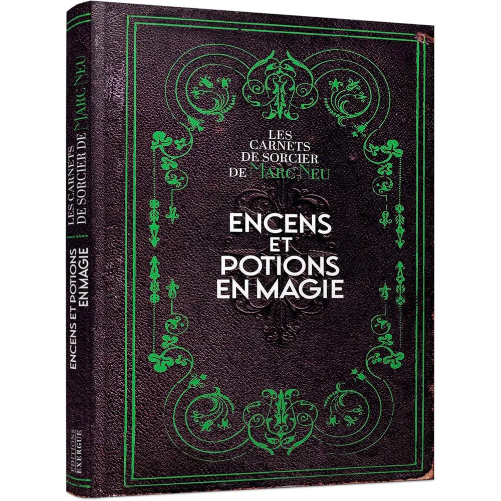 Couverture noire texturée avec ornements verts du livre Encens et Potions en Magie
