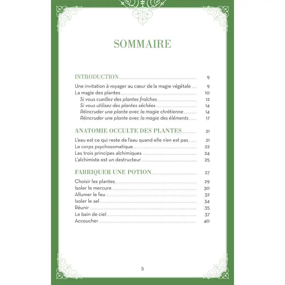 Page du sommaire du livre Encens et Potions en Magie, listant les chapitres sur la magie des plantes et la fabrication de potions avec une typographie verte et des ornements d'angle.