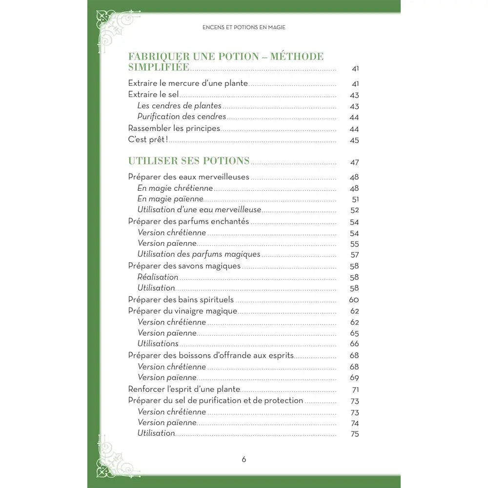 Sommaire du livre Encens et potions en magie listant les méthodes de fabrication et d'utilisation des potions