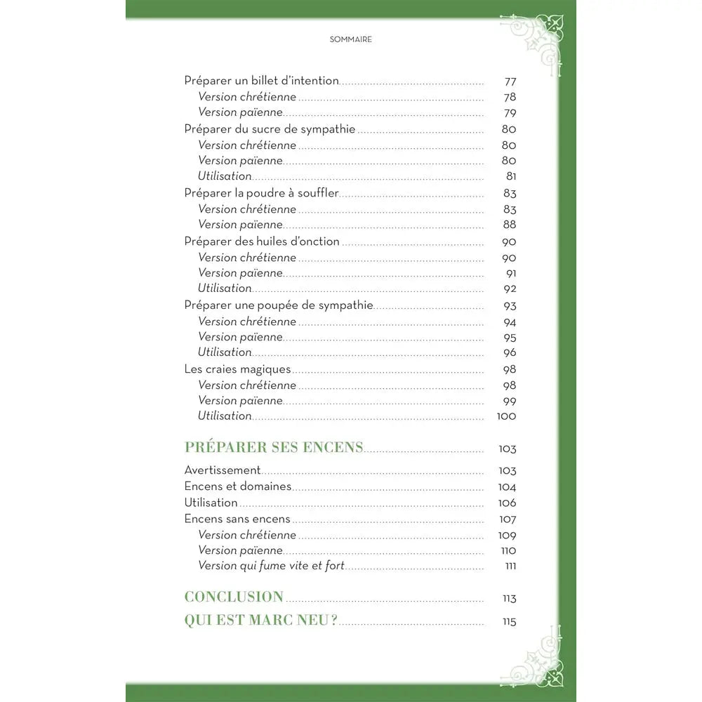 Sommaire du livre Encens et potions en magie listant la préparation des encens, huiles et poudres