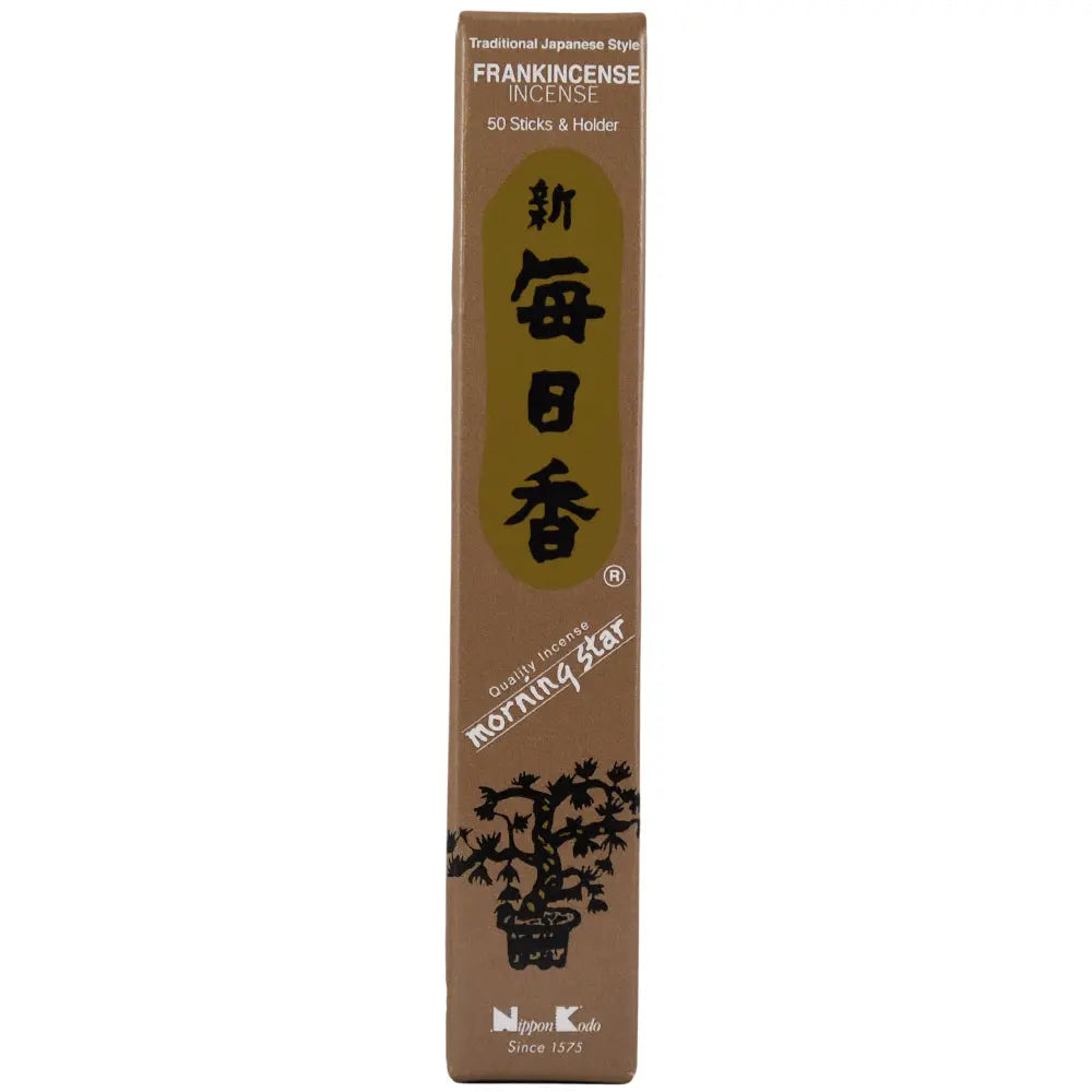 Boîte marron d'encens japonais Morning Star parfum Frankincense de Nippon Kodo, contenant 50 bâtonnets et un support.